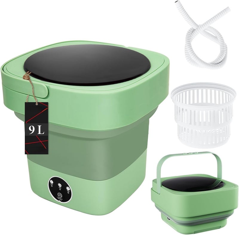 NUJAIN Portable Folding Washing Machine, 9L Large Capacity, Mini Compact Washer with Touch Control, 3 Wash Modes, Spin Dryer Basket, Space-Saving Design for Baby Clothes, Underwear, Socks (Green) - Image 1