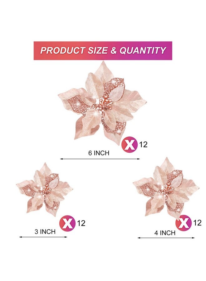 WILLBOND WILLBOND 36 Pieces Christmas Poinsettia Glitter Faux Flowers Christmas Artificial Flowers Tree Ornaments Topper Xmas Decorations(Rose Gold)  - Image 2