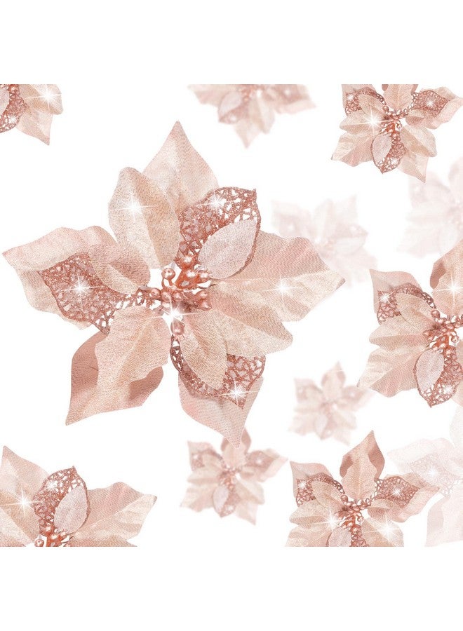 WILLBOND WILLBOND 36 Pieces Christmas Poinsettia Glitter Faux Flowers Christmas Artificial Flowers Tree Ornaments Topper Xmas Decorations(Rose Gold)  - Image 1
