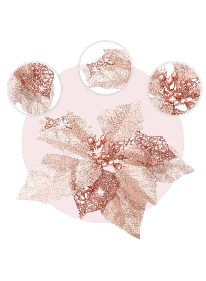 WILLBOND WILLBOND 36 Pieces Christmas Poinsettia Glitter Faux Flowers Christmas Artificial Flowers Tree Ornaments Topper Xmas Decorations(Rose Gold)  - Image 3