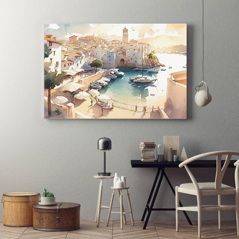 Home Gallery Painting harbor with boats lighthouse background Printed canvas wall art 120x80