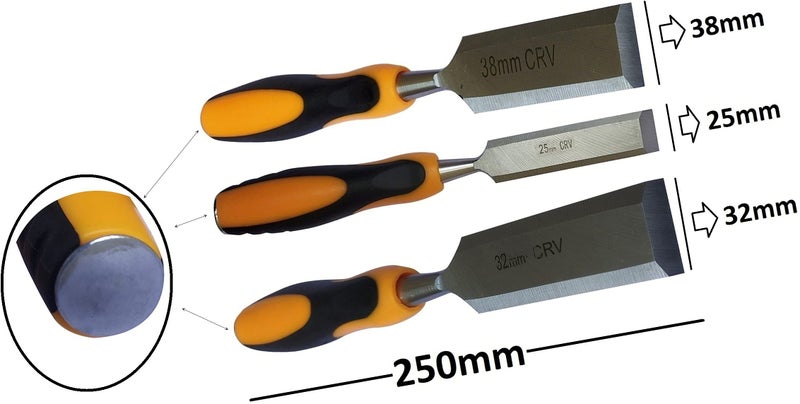 Inditrust 3 Pcs Wood Chisel Set with Striking Head and Comfortable Grip - Bevel Edge, Chromium-Vanadium Steel Blades, 25MM, 32MM, 38MM - Image 2