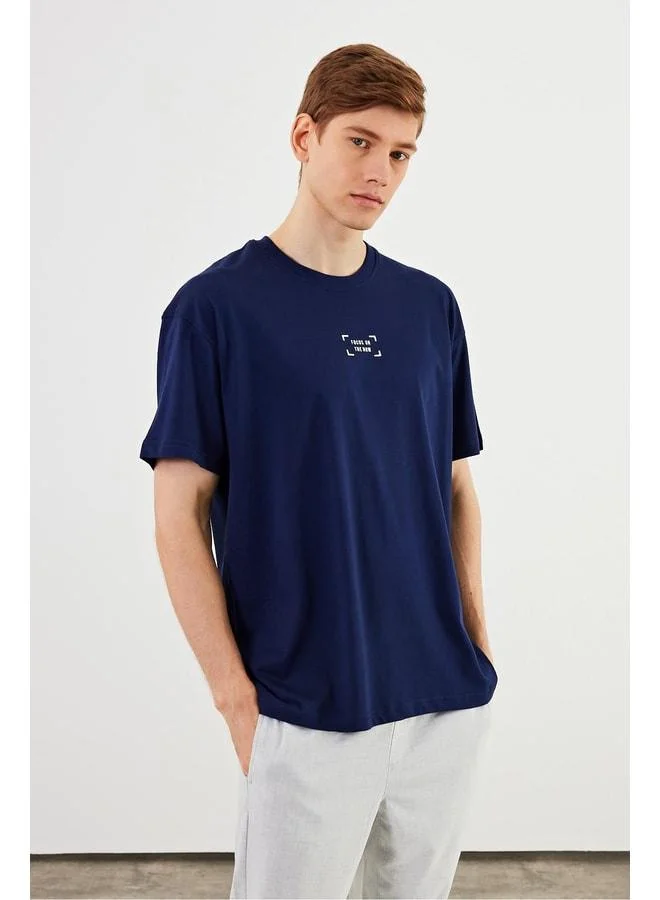 Mmetalic Leo Men’s Oversize T-Shirt 100% Cotton Crew Neck with Print Detail Basic Navy T-Shirt