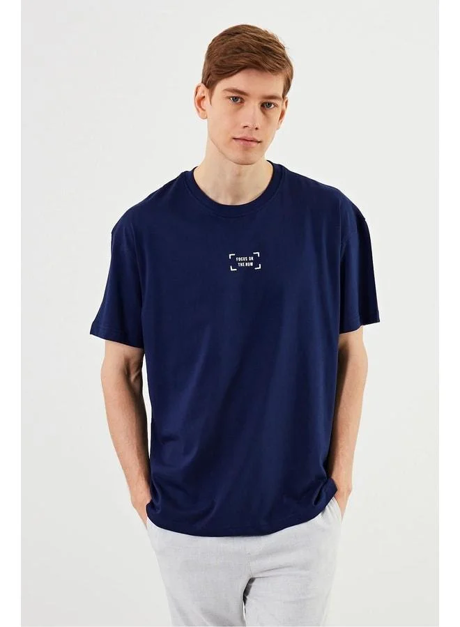 Mmetalic Leo Men’s Oversize T-Shirt 100% Cotton Crew Neck with Print Detail Basic Navy T-Shirt