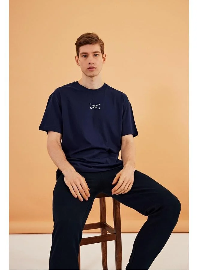 Mmetalic  Leo Men’s Oversize T-Shirt 100% Cotton Crew Neck with Print Detail Basic Navy T-Shirt for Men | Best Price UAE