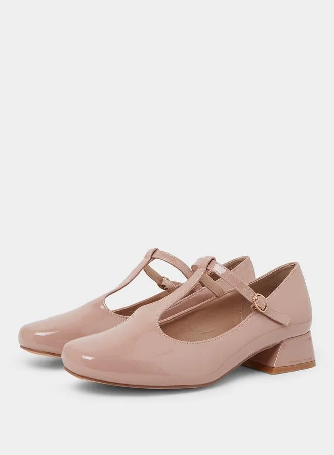 Styli Beige Patent Block Heel Mary Jane Shoes