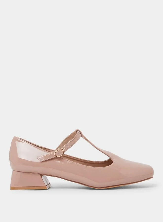 Styli Beige Patent Block Heel Mary Jane Shoes