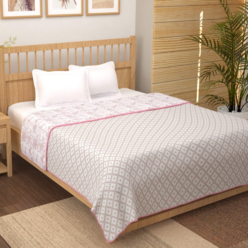 Story@Home Dohar Double Bed Cotton 100% | 150GSM 225 x240 cm Quilt Cooling Blankets for Summer | AC Comforter Double Bed | White & Baby Pink Geometric Reversible Design Duvet | Ideal for Gifting - Image 1
