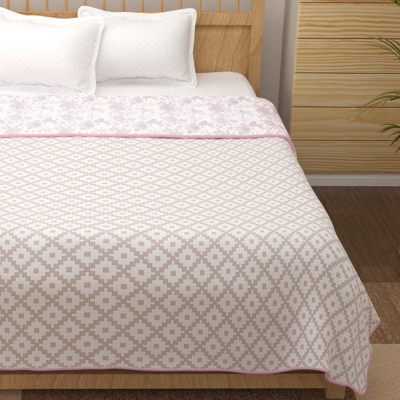 Story@Home Dohar Double Bed Cotton 100% | 150GSM 225 x240 cm Quilt Cooling Blankets for Summer | AC Comforter Double Bed | White & Baby Pink Geometric Reversible Design Duvet | Ideal for Gifting - Image 4