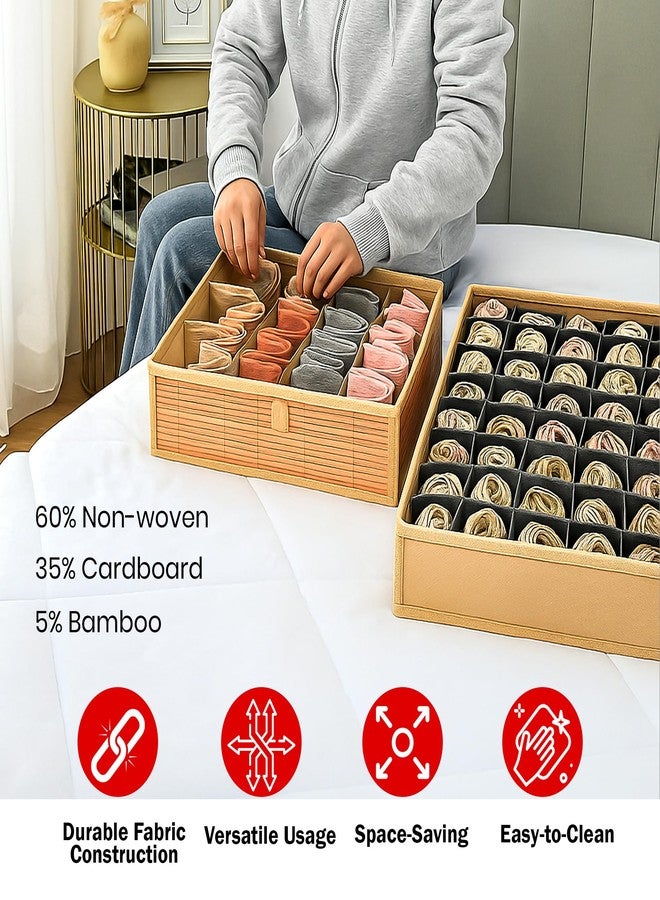 PRIME PICK Inner Care Storage Organizer Box Foldable Cloth Innerwear Socks Organizer Lid Covered Breathable Fabric Wardrobe Drawer Closet Clothes Storage Container Easy Carry Handles Beige Pack of 2 - Image 4
