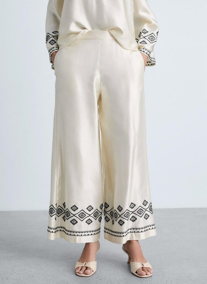 MANGO Wideleg Trousers With Embroidered Hem  - Image 1