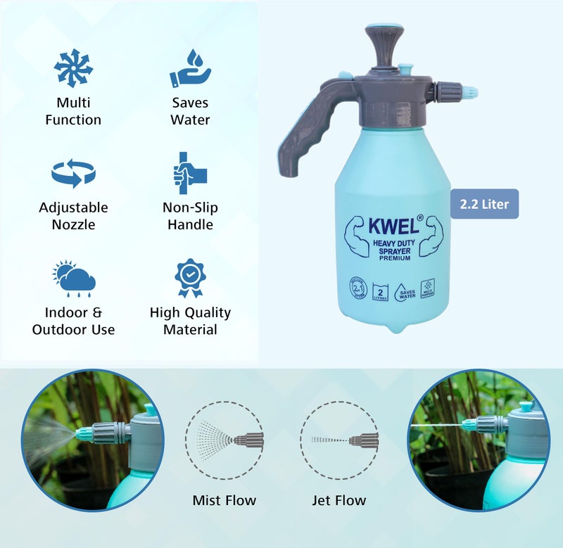 Kwel Heavy Duty Garden Pump Pressure Sprayer, Lawn Sprinkler, Water Mist, Spray Bottle For Herbicides, Pesticides, Fertilizers, Plants Flowers 2.2 Liter Capacity (Blue, Pack Of 1), Hand Powered - Image 3