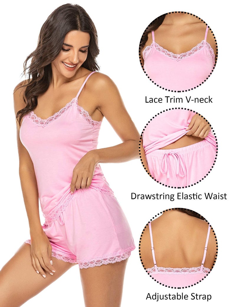Avidlove Women Cami Pajama Set Lace Trim Modal Sleepwear Short PJ Set (Pink,L) - Image 3