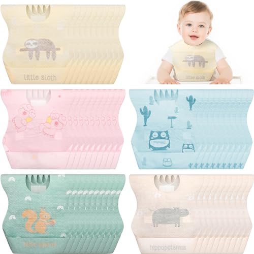 Shinymoon 100 Pcs Disposable Baby Bibs Individual Wrapped Travel Bibs Waterproof Food Catcher for Toddlers Girls Boys FeedingCute Style - Image 1