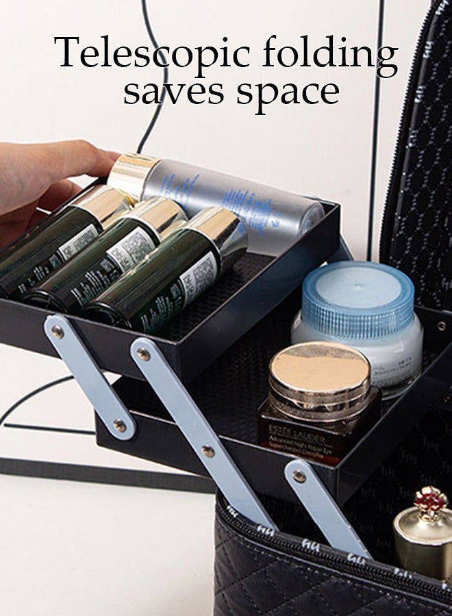 DUNISO Multifunction Travel Cosmetic Bag With Mirror Portable Makeup Case 4 Foldable Makeup Tray, Black Dividers Cosmetics Organizer, Suitable For Cosmetics Makeup Brushes Toiletry (27.5*18*27cm) - Image 5