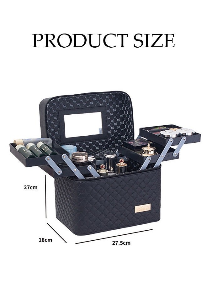 DUNISO Multifunction Travel Cosmetic Bag With Mirror Portable Makeup Case 4 Foldable Makeup Tray, Black Dividers Cosmetics Organizer, Suitable For Cosmetics Makeup Brushes Toiletry (27.5*18*27cm) - Image 2