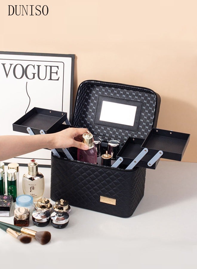 DUNISO Multifunction Travel Cosmetic Bag With Mirror Portable Makeup Case 4 Foldable Makeup Tray, Black Dividers Cosmetics Organizer, Suitable For Cosmetics Makeup Brushes Toiletry (27.5*18*27cm) - Image 1