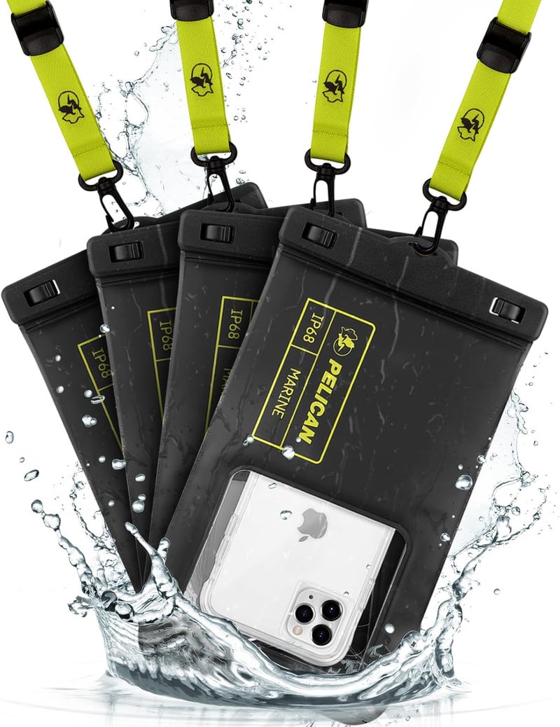 Pelican Marine 4 Pack - IP68 Floating Waterproof Phone Pouch/Case (XL Size) - iPhone 15 Pro Max/ 14 Pro Max/ 13 Pro Max/ 12 Pro Max/ S24 Ultra/Pixel 8 - Detachable Lanyard - Black/Yellow - Image 1