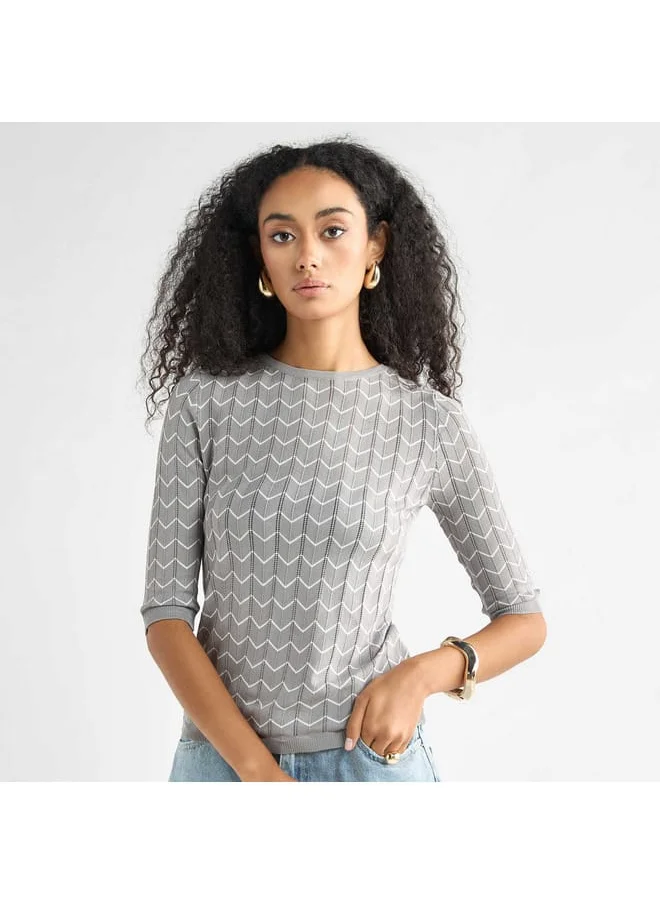 FAV Textured Sweater with Round Neck and 3/4 Sleeves