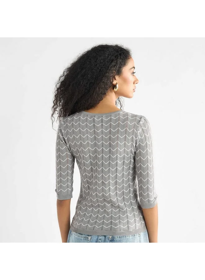 Splash FAV Textured Sweater with Round Neck and 3/4 Sleeves
