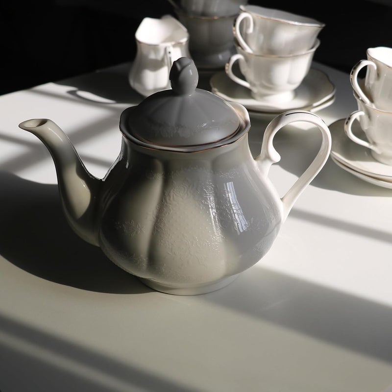 GuangYang 15-pcs Porcelain Tea sets for Adults, Off White Embossed Pattern with Gold Trim (A set Included 1 Teapot, 1 Sugar Bowl, 1 Cream Pitcher, 6 Cups and 6 Saucers) - Image 3