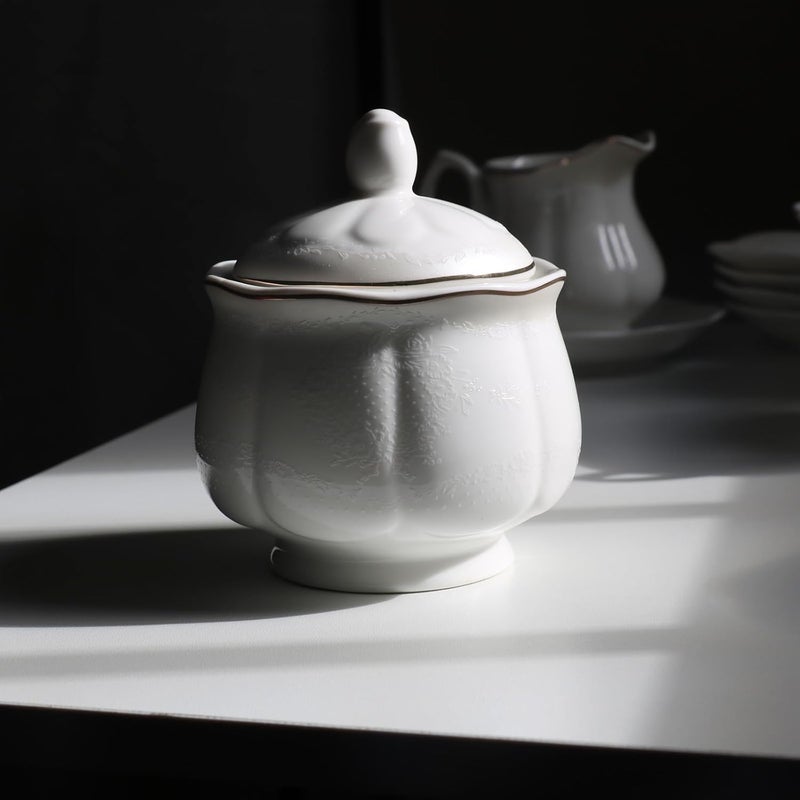 GuangYang 15-pcs Porcelain Tea sets for Adults, Off White Embossed Pattern with Gold Trim (A set Included 1 Teapot, 1 Sugar Bowl, 1 Cream Pitcher, 6 Cups and 6 Saucers) - Image 5