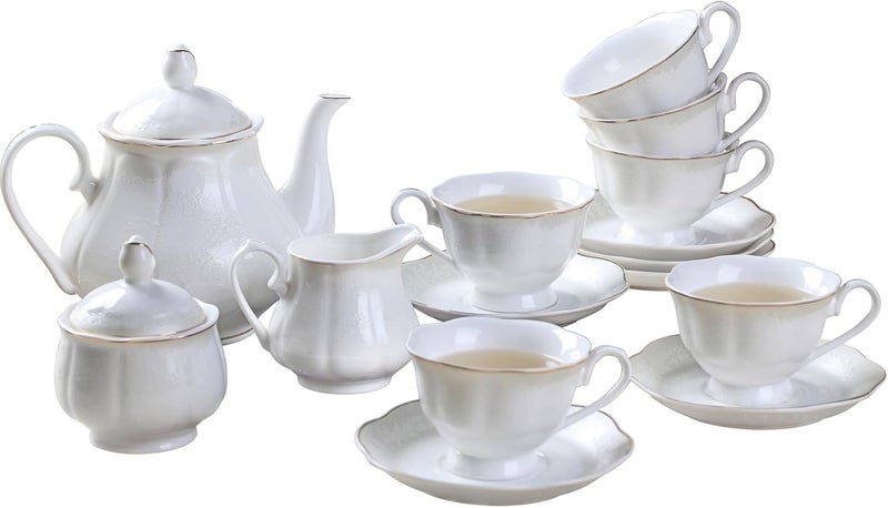 GuangYang 15-pcs Porcelain Tea sets for Adults, Off White Embossed Pattern with Gold Trim (A set Included 1 Teapot, 1 Sugar Bowl, 1 Cream Pitcher, 6 Cups and 6 Saucers) - Image 1