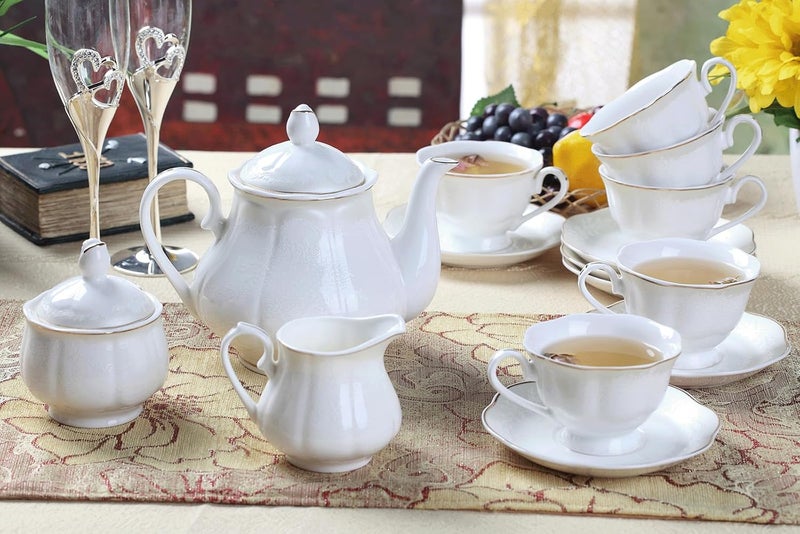 GuangYang 15-pcs Porcelain Tea sets for Adults, Off White Embossed Pattern with Gold Trim (A set Included 1 Teapot, 1 Sugar Bowl, 1 Cream Pitcher, 6 Cups and 6 Saucers) - Image 2