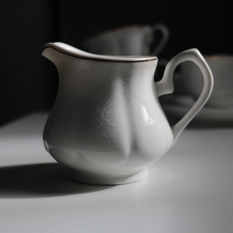 GuangYang 15-pcs Porcelain Tea sets for Adults, Off White Embossed Pattern with Gold Trim (A set Included 1 Teapot, 1 Sugar Bowl, 1 Cream Pitcher, 6 Cups and 6 Saucers) - Image 4