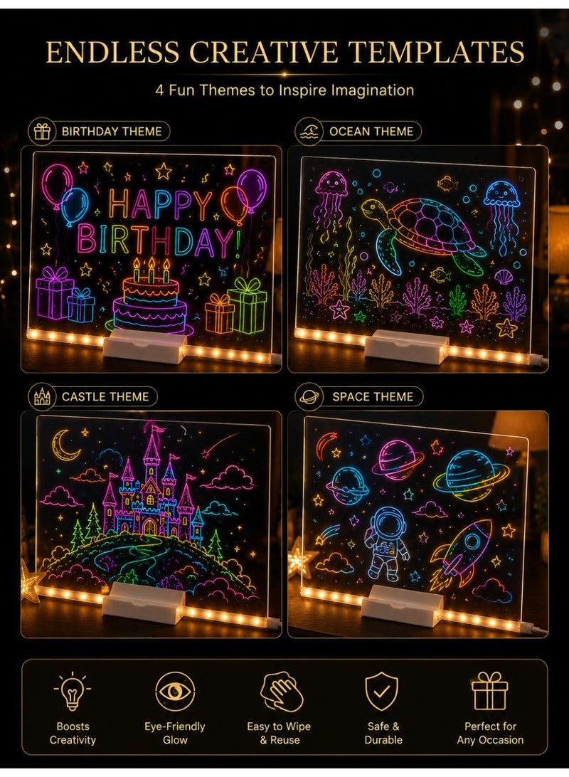 Eworld LED Acrylic Drawing Board for Kids with Warm LED Light, Reusable Magic Drawing Pad, Creative Writing & Doodle Board with 7 Color Markers, USB Powered Educational Gift Toy (300 x 200mm) - Image 2