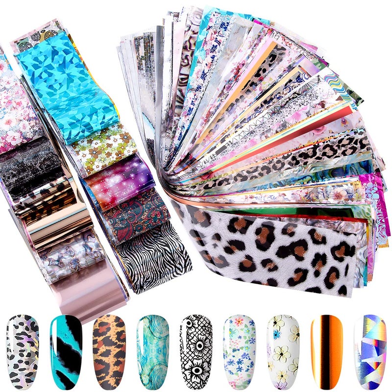 Duufin 300 Sheets Nail Foils Nail Art Transfer Foil Stickers Laser Flower Color Sheet Adhesive Stickers Paper Starry Sky Stars Black White Lace Design for Nail Art DIY Decoration - Image 1