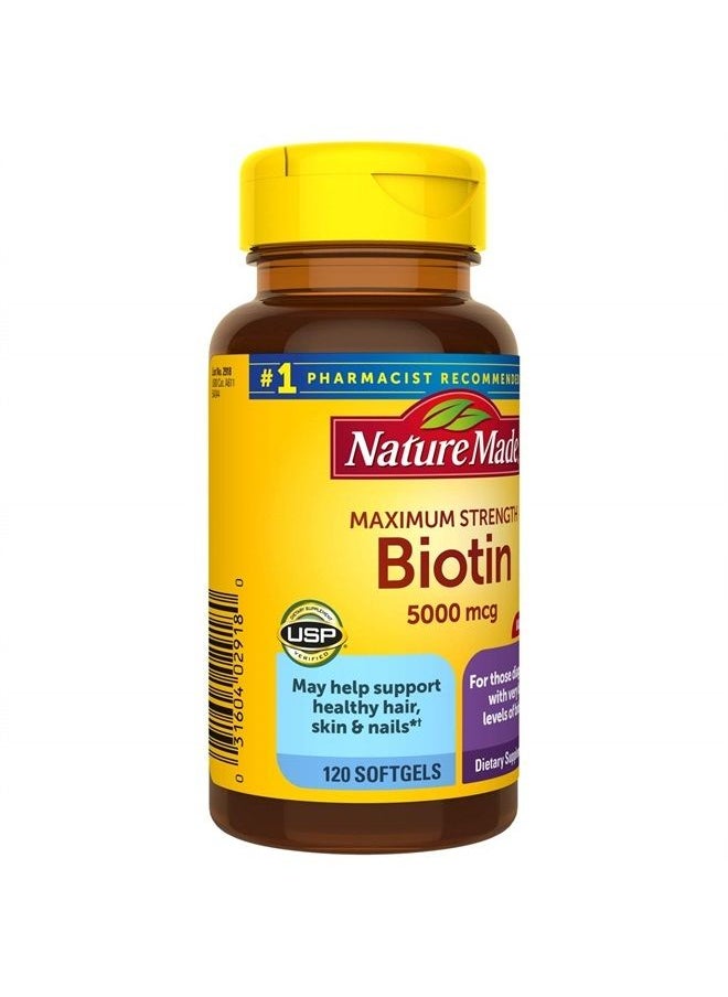 Nature Made - Maximum Strength Biotin 5000 mcg, Dietary Supplement may help support Healthy Hair, Skin & Nails, 120 Softgels - Image 1
