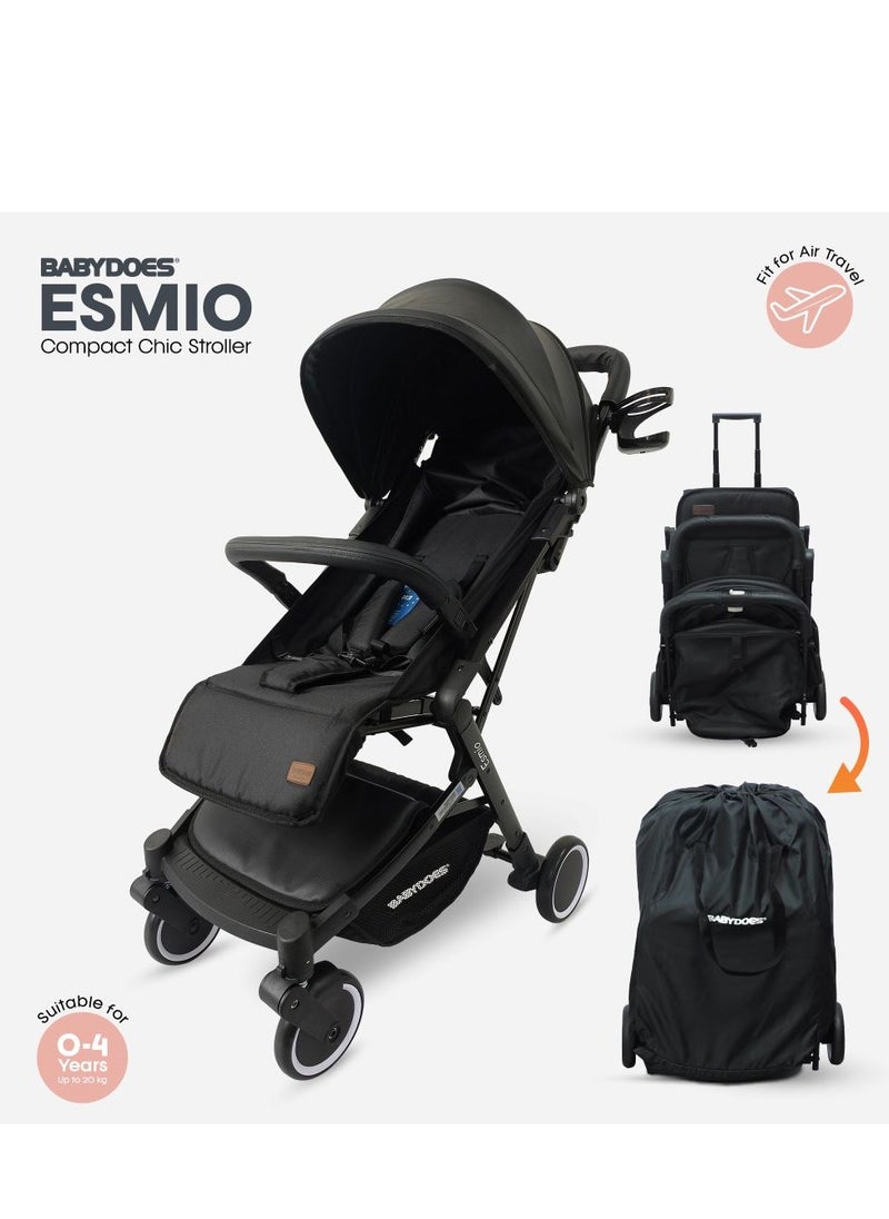 BABYDOES - Esmio - Travel Lite Shock Proof Baby Stroller With 5-Point Harness, Single Hand Fold, 360° Rotating Wheels, Air Travel Cabin, Cover Carry Bag, 0-4 Years (Up To 20 Kg) - Black - Image 1