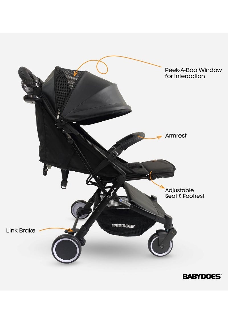 BABYDOES - Esmio - Travel Lite Shock Proof Baby Stroller With 5-Point Harness, Single Hand Fold, 360° Rotating Wheels, Air Travel Cabin, Cover Carry Bag, 0-4 Years (Up To 20 Kg) - Black - Image 1