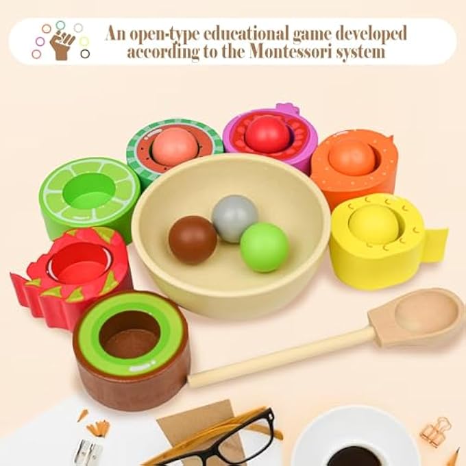 ألعاب مونتيسوري الخشبية، هدايا ألعاب للأولاد والبنات من 2 إلى 4 سنوات، لعبة كرات فرز الألوان في الكوب، لعبة الفواكه الخشبية للأطفال - Image 3