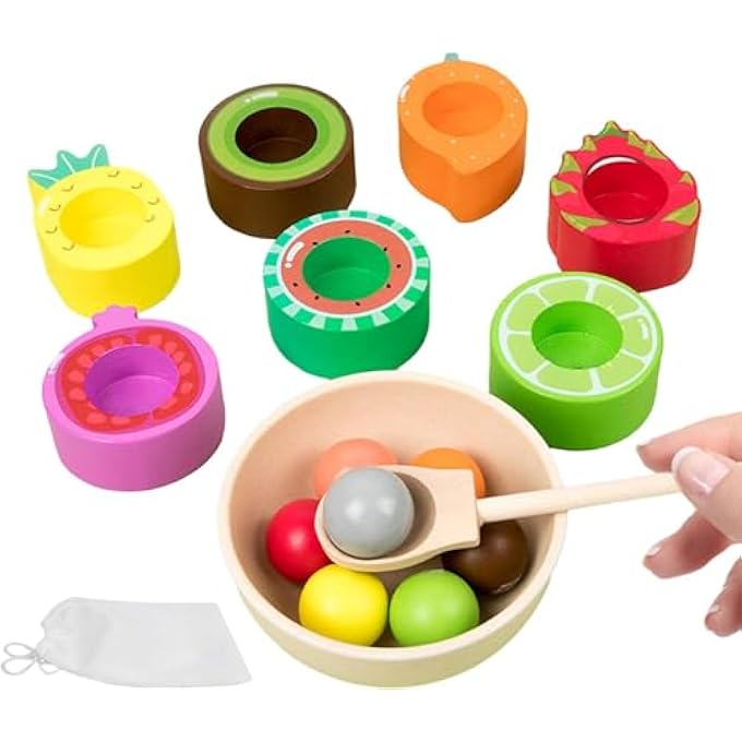 ألعاب مونتيسوري الخشبية، هدايا ألعاب للأولاد والبنات من 2 إلى 4 سنوات، لعبة كرات فرز الألوان في الكوب، لعبة الفواكه الخشبية للأطفال - Image 1