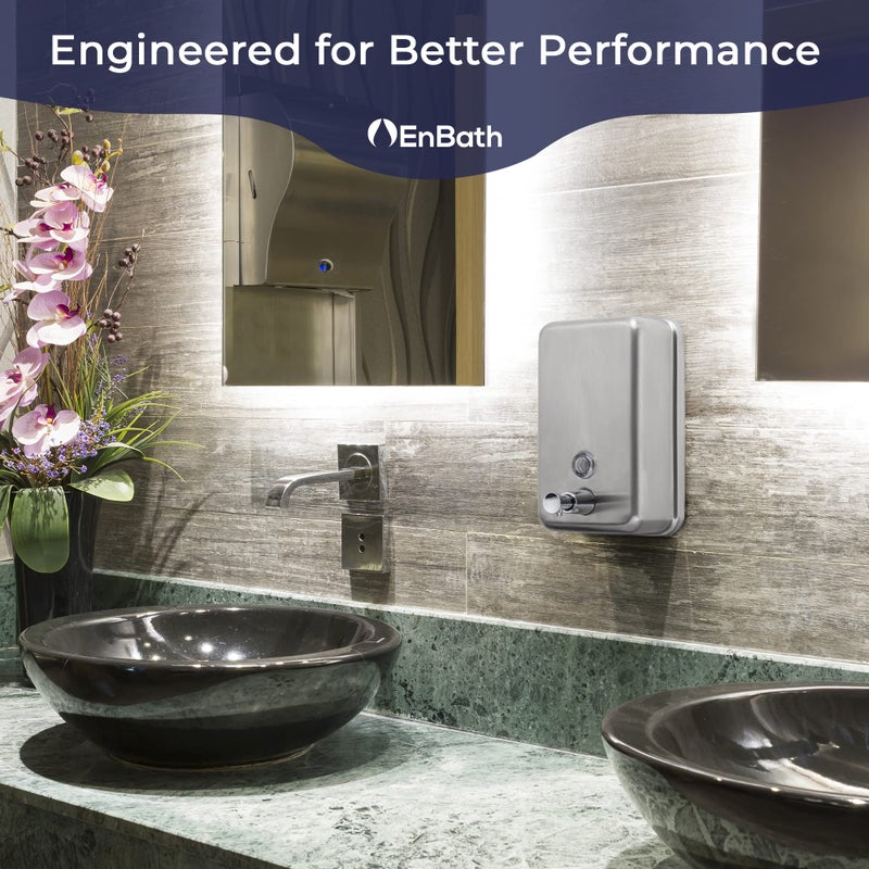 EnBath Commercial Soap Dispenser Wall Mount - Stainless Steel Wall Mounted Soap Dispenser for Bathroom - New Superior Design with Premium Anti-Leak Pump and Corrosion-Proof Lining - 37oz (1100ml) by EnBath - Image 5