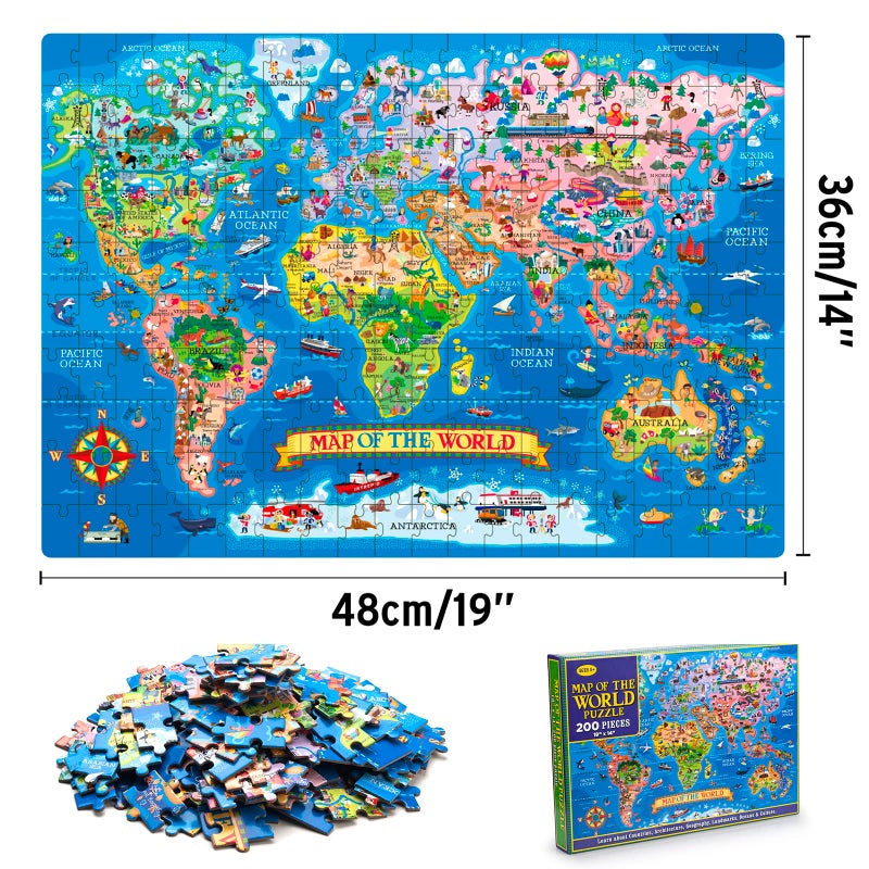 MOTYAWN 200 Pieces World Map Puzzle for Kids & Adults, World Map Jigsaw Puzzle Floor Puzzles Toddler Geography Educational Toys for Boys and Girls, Globe Atlas Puzzle Maps for Kids Learning Games - Image 3