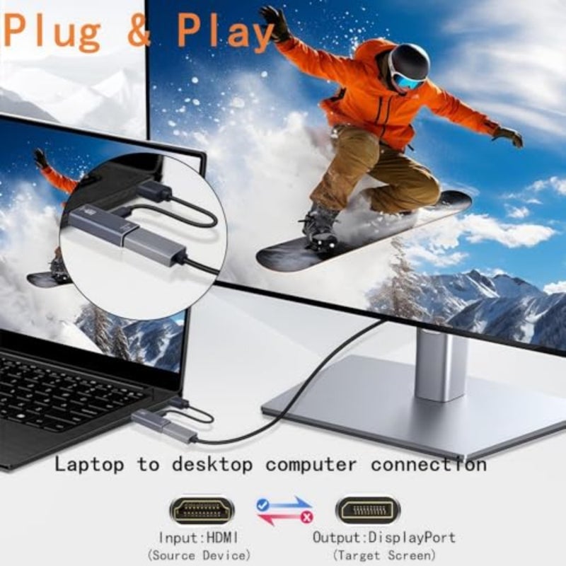 محول HDMI إلى DisplayPort لاستخدام الكمبيوتر والكمبيوتر المحمول، غطاء معدني، أسود، يدعم التحويل أحادي الاتجاه 4K 60 هرتز - Image 3