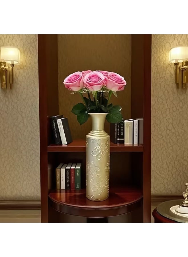 erorex Modern Luxury Golden Floor Vase - Elegant Cylindrical Iron Flower Vase with Black or Golden Finish, Sturdy Round Base & Smooth Spherical Top for Living Room, TV Stand, Office Decor - Durable Tall Centerpiece for Home Décor, Scandinavian-Inspired Design with Intricate Leaf Patterns, Sleek Golden Finish for Stylish Home Accents, Ideal for Sunflowers or Tall Branches, Minimalist Aesthetic Vase, Table Vase Decor, Big Vases Home Decor Living Room, Vases for Dining Table, - Image 1