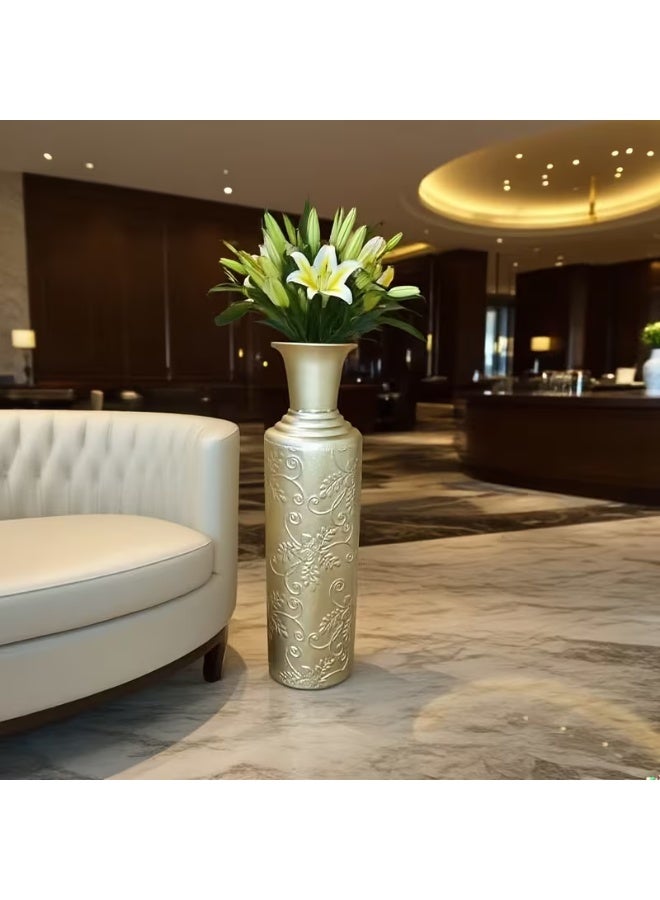 erorex Modern Luxury Golden Floor Vase - Elegant Cylindrical Iron Flower Vase with Black or Golden Finish, Sturdy Round Base & Smooth Spherical Top for Living Room, TV Stand, Office Decor - Durable Tall Centerpiece for Home Décor, Scandinavian-Inspired Design with Intricate Leaf Patterns, Sleek Golden Finish for Stylish Home Accents, Ideal for Sunflowers or Tall Branches, Minimalist Aesthetic Vase, Table Vase Decor, Big Vases Home Decor Living Room, Vases for Dining Table, - Image 3