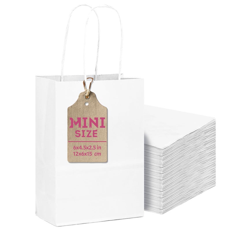 qiqee 50-Packs White Paper Gift Bags with Handles Bulk 4.5"x2.5"x6" Mini Size Party Favor Bags Multiple Uses - Image 1