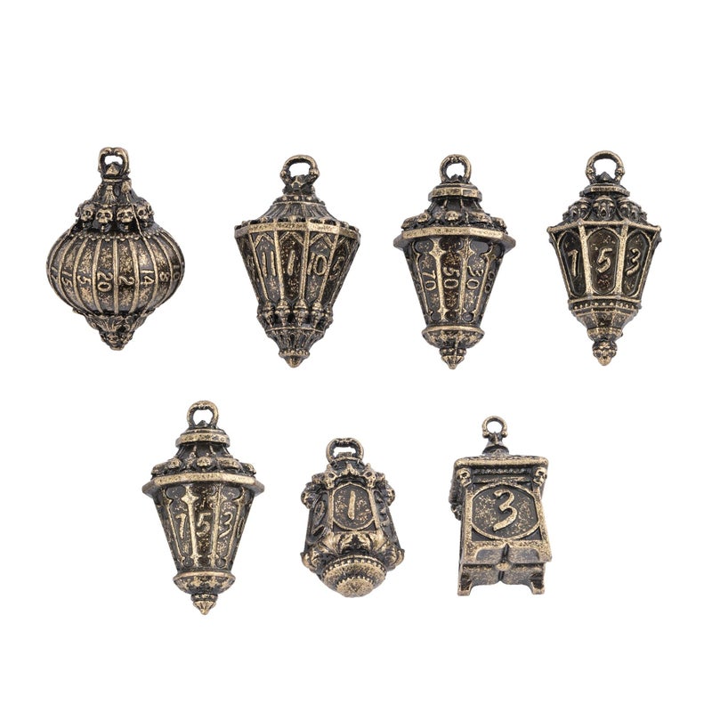 Cusdie 7Piece Lantern DND Dice SetMetal Dice with Skull Dice Bag Perfect for Tabletop RPGs Board Games Gifting and CollectingBronze - Image 3