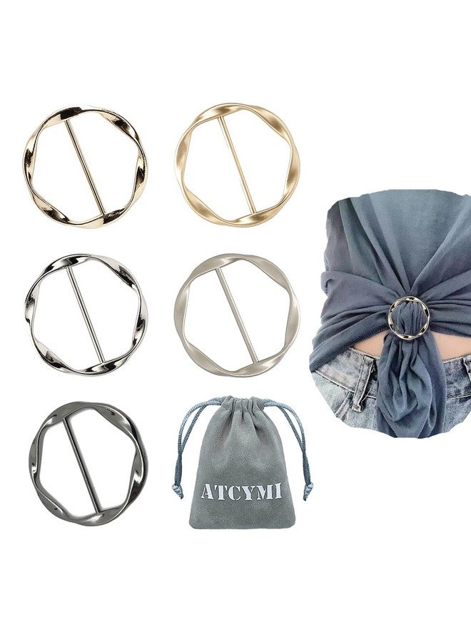 ATCYMI 5Pcs Silk Scarf Ring Clip T-Shirt Tie Clips For Women Fashion Metal Round Circle Clip Buckle Clothing Ring Wrap Holder With 1 Storage Bag - Image 1