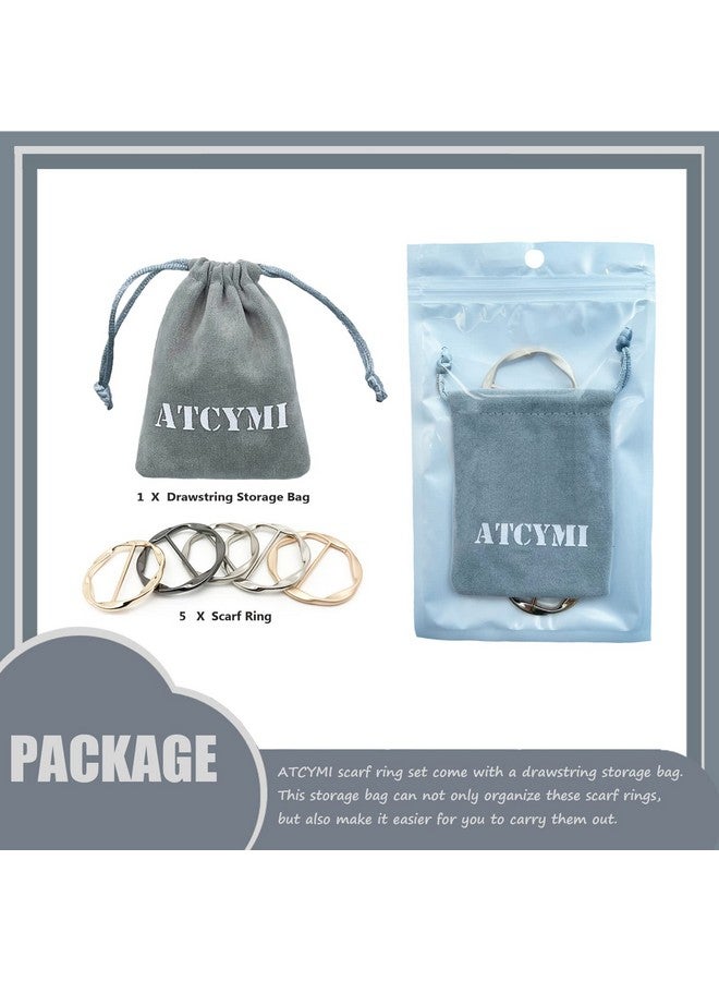 ATCYMI 5Pcs Silk Scarf Ring Clip T-Shirt Tie Clips For Women Fashion Metal Round Circle Clip Buckle Clothing Ring Wrap Holder With 1 Storage Bag - Image 2
