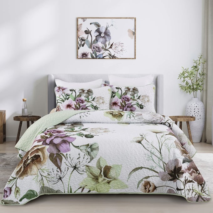 FLORAL QUILT SET KING 3 PIECES BOHO GREEN QUILT COVERLET SET SOFT MICROFIBER LIGHTWEIGHT GREEN FLORAL QUILTED BEDSPREAD FOR ALL SEASON 104X90