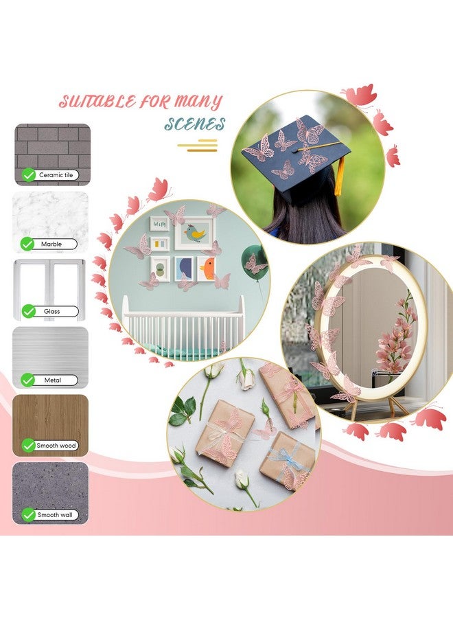 XUNXMAS 3D Pink Butterfly Wall Decor 3 Sizes 4 Styles Butterfly Party Decorations Cake Decorations Removable Stickers Wall Decor Room Mural Metallic Kids (Pink, 48Pcs) - Image 5