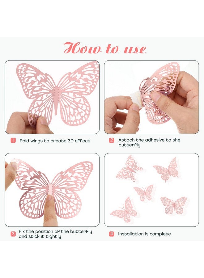 XUNXMAS 3D Pink Butterfly Wall Decor 3 Sizes 4 Styles Butterfly Party Decorations Cake Decorations Removable Stickers Wall Decor Room Mural Metallic Kids (Pink, 48Pcs) - Image 4