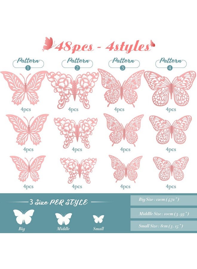 XUNXMAS 3D Pink Butterfly Wall Decor 3 Sizes 4 Styles Butterfly Party Decorations Cake Decorations Removable Stickers Wall Decor Room Mural Metallic Kids (Pink, 48Pcs) - Image 2