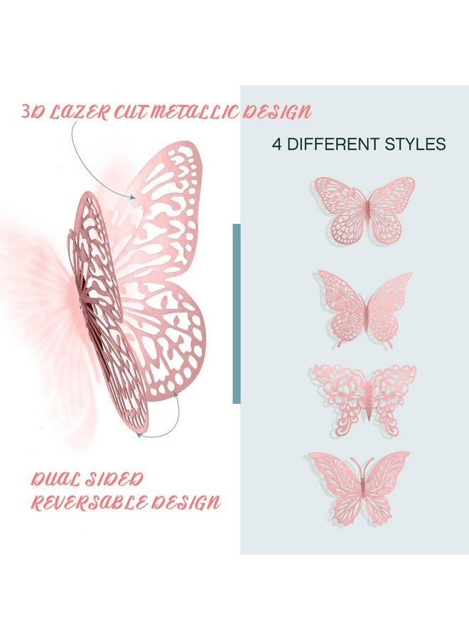 XUNXMAS 3D Pink Butterfly Wall Decor 3 Sizes 4 Styles Butterfly Party Decorations Cake Decorations Removable Stickers Wall Decor Room Mural Metallic Kids (Pink, 48Pcs) - Image 3